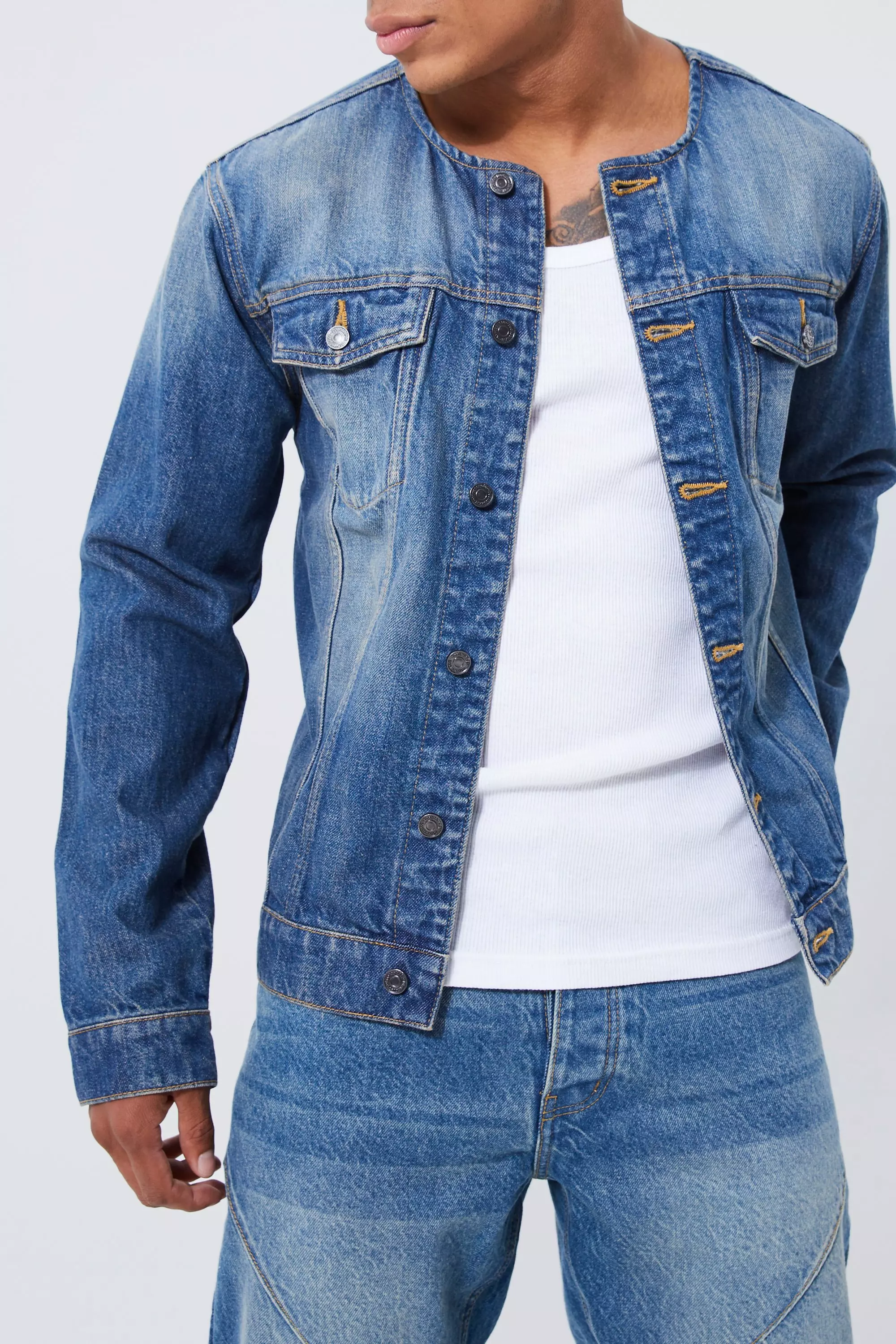 Veste en jean sans col boohooMAN FR